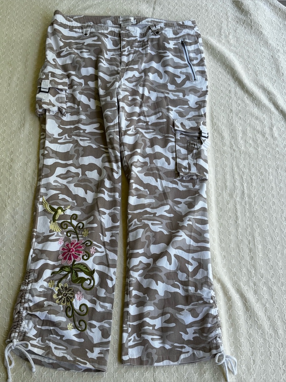 Monroe & Main Beige and White Camo Cargo Pants with Floral Embroidery